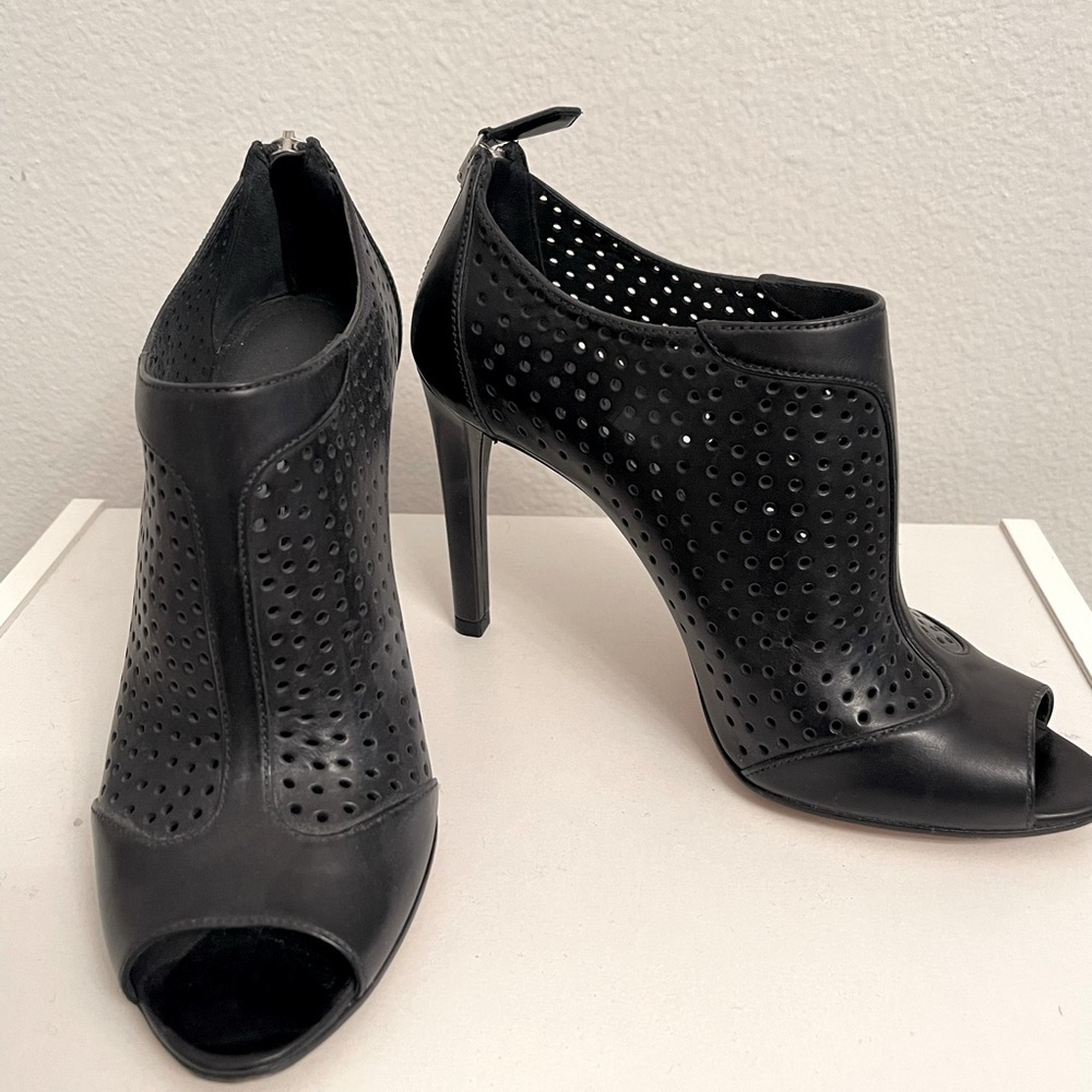 Prada Black Leather Open Toe Booties